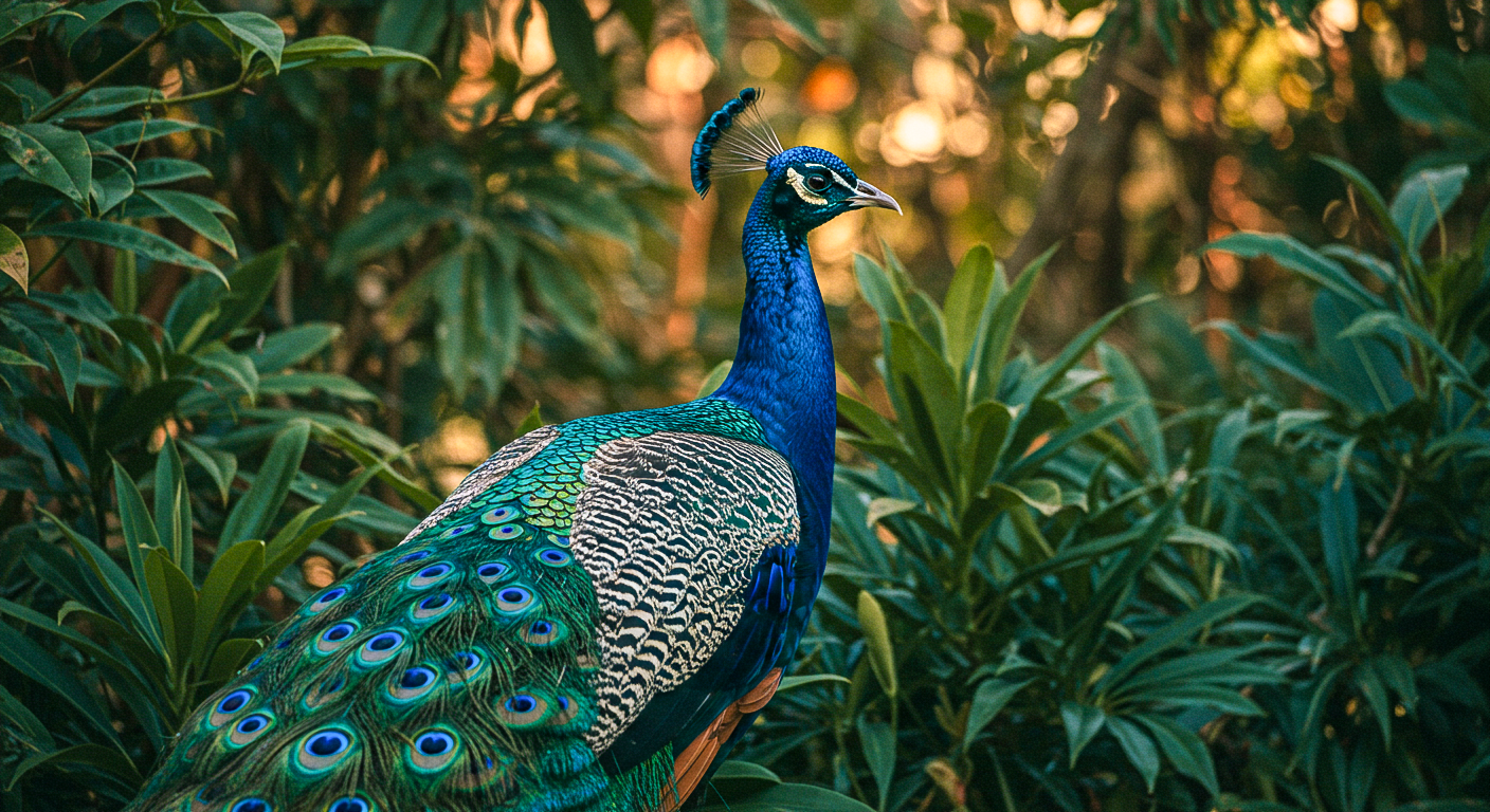 a-vibrant-peacock-stands-among-lush-green-foliage