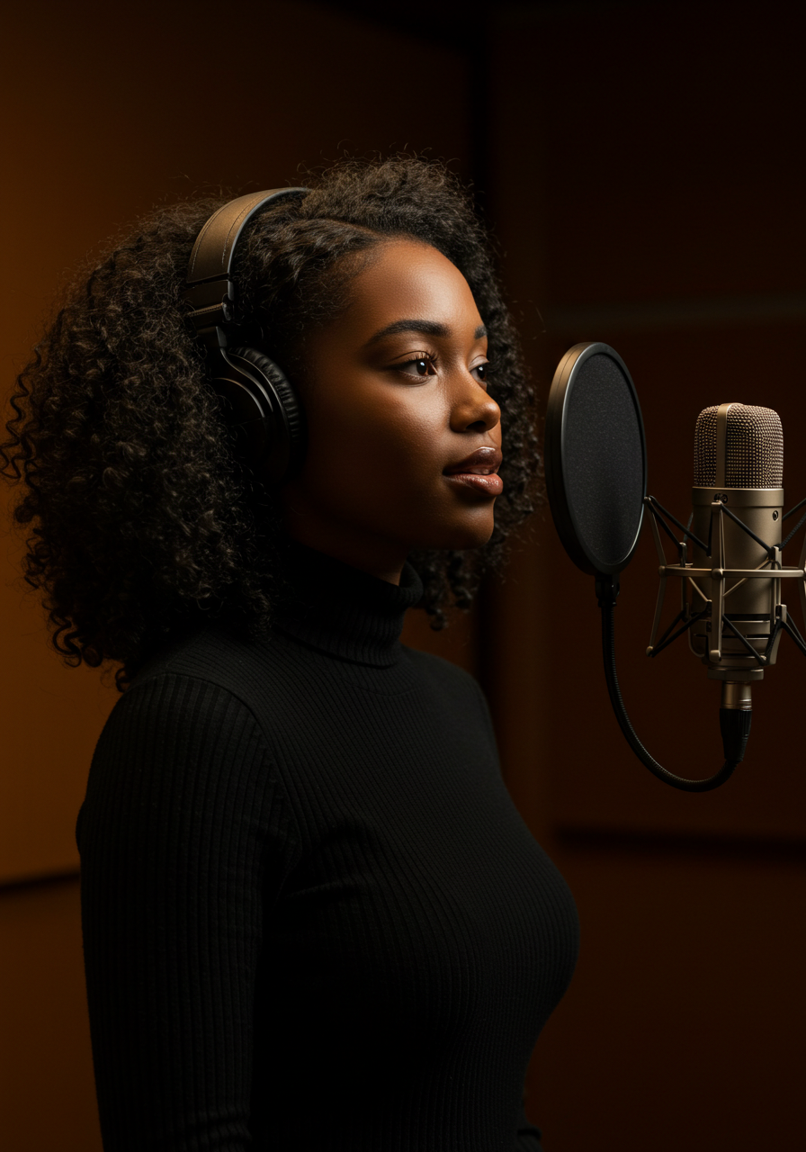 a-young-woman-with-curly-hair-is-wearing-headphones