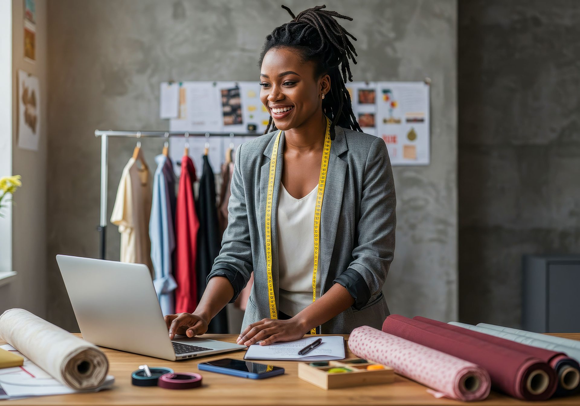 a-smiling-woman-with-natural-dreadlocks-stands-in-front-of-a-laptop